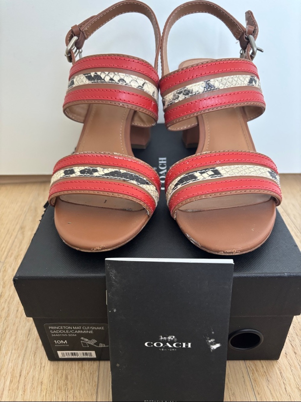Coach Women's Red and Tan Snake-Trim Block Heel Sandals